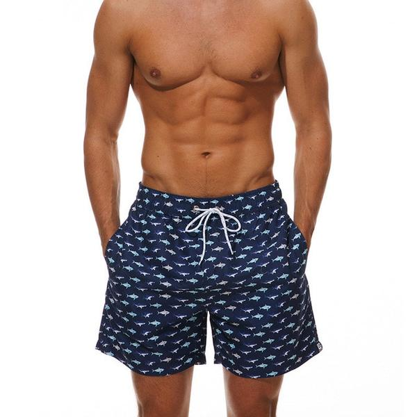Men's Shark Print Swim Trunks Drawstring Quick-Dry Beach Shorts-Waves And Trunks