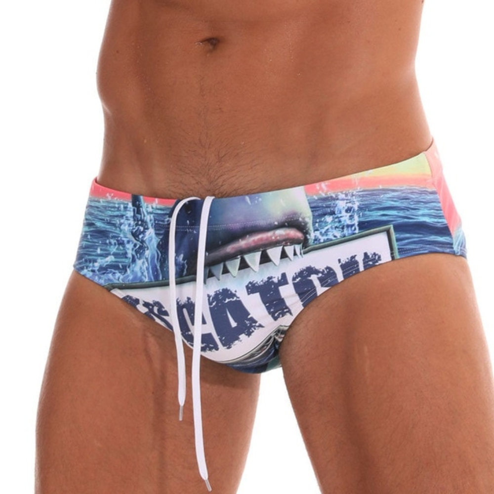 Men's Shark Print Swim Brief Drawstring Microfiber Stretch Quick-Dry-Waves And Trunks