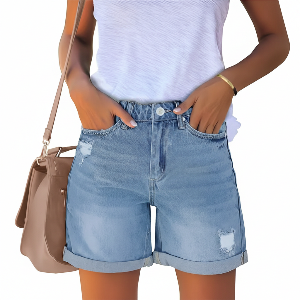 Casual High Rise Rolled Hem Denim Shorts For Women