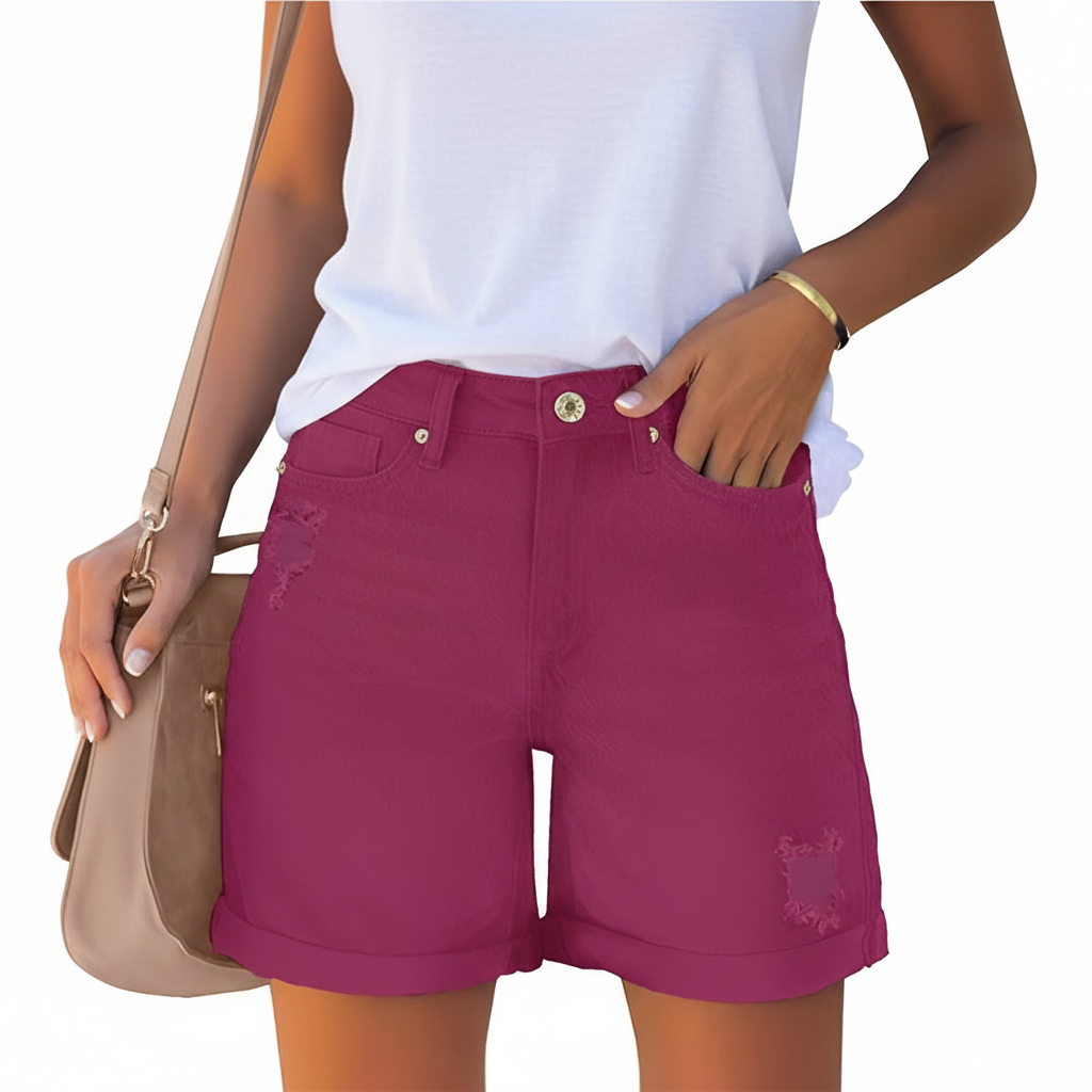 Casual High Rise Rolled Hem Denim Shorts For Women