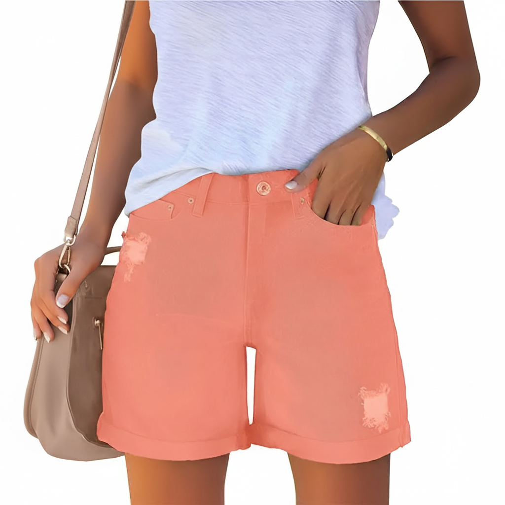 Casual High Rise Rolled Hem Denim Shorts For Women