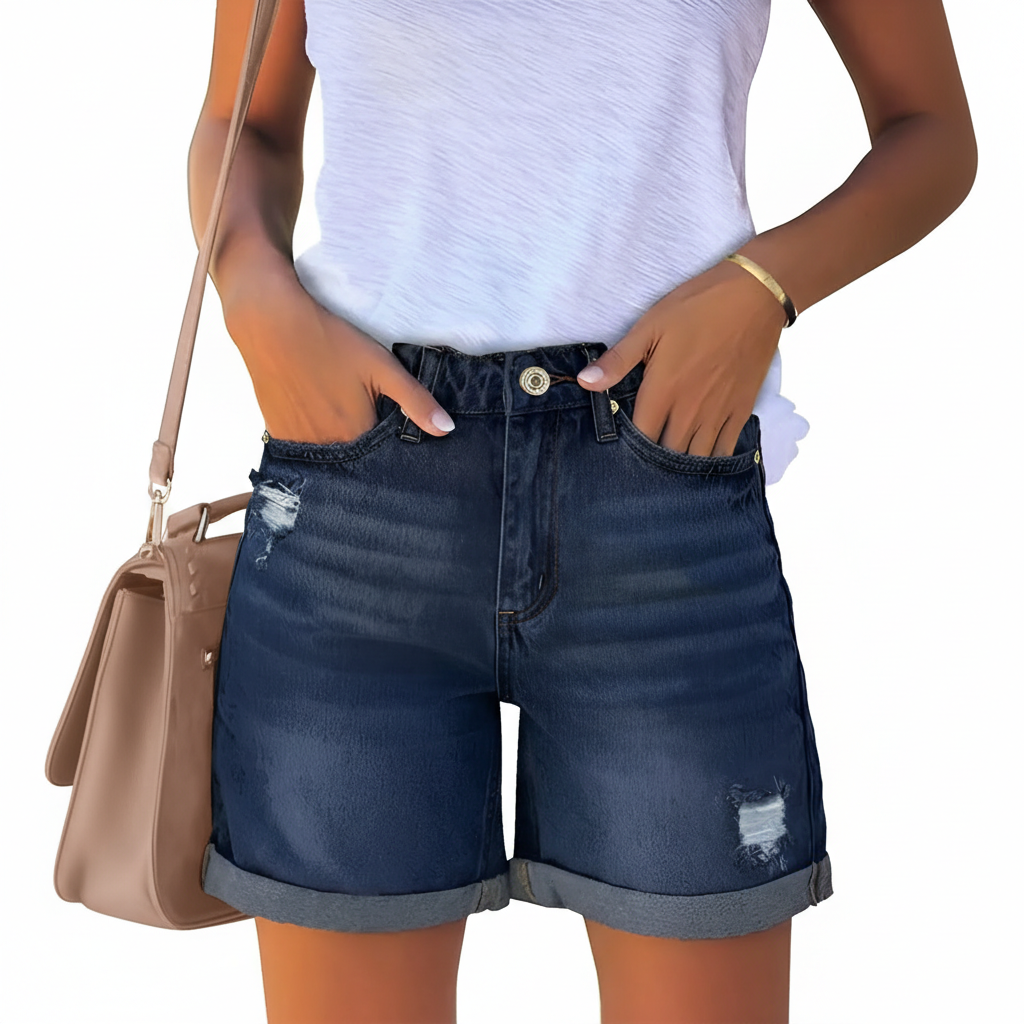 Casual High Rise Rolled Hem Denim Shorts For Women