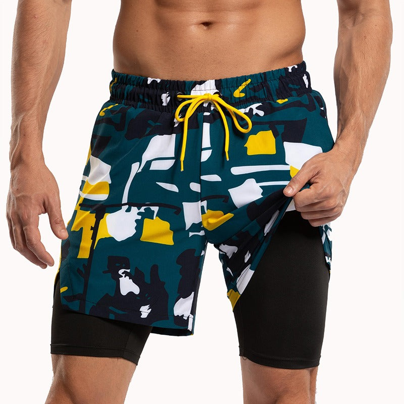 Men's 2 in 1 Quick-Dry Yellow Geometric Print Sports Shorts-Waves And Trunks