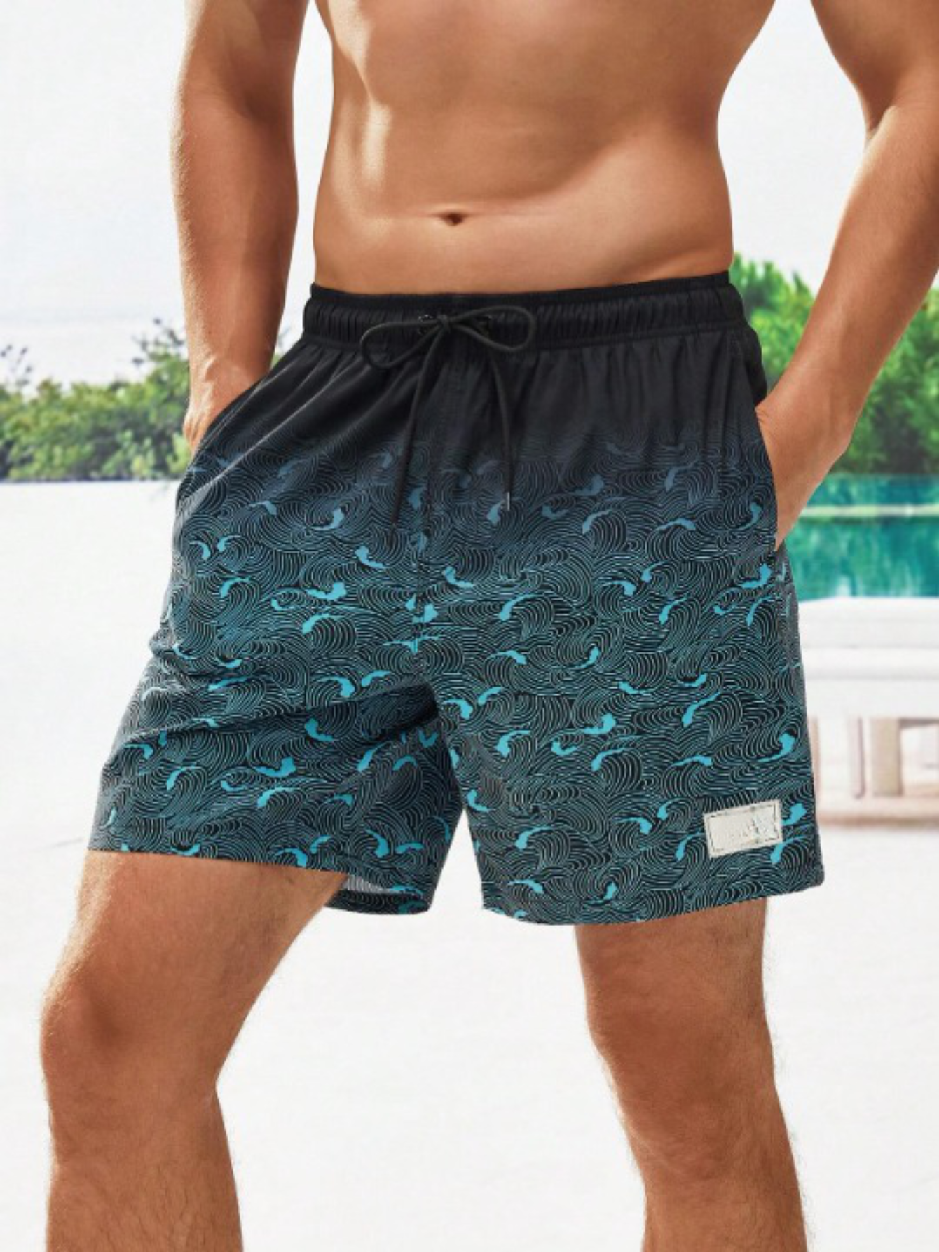 Patched Detail Drawstring Waist Swim Trunks-Waves And Trunks