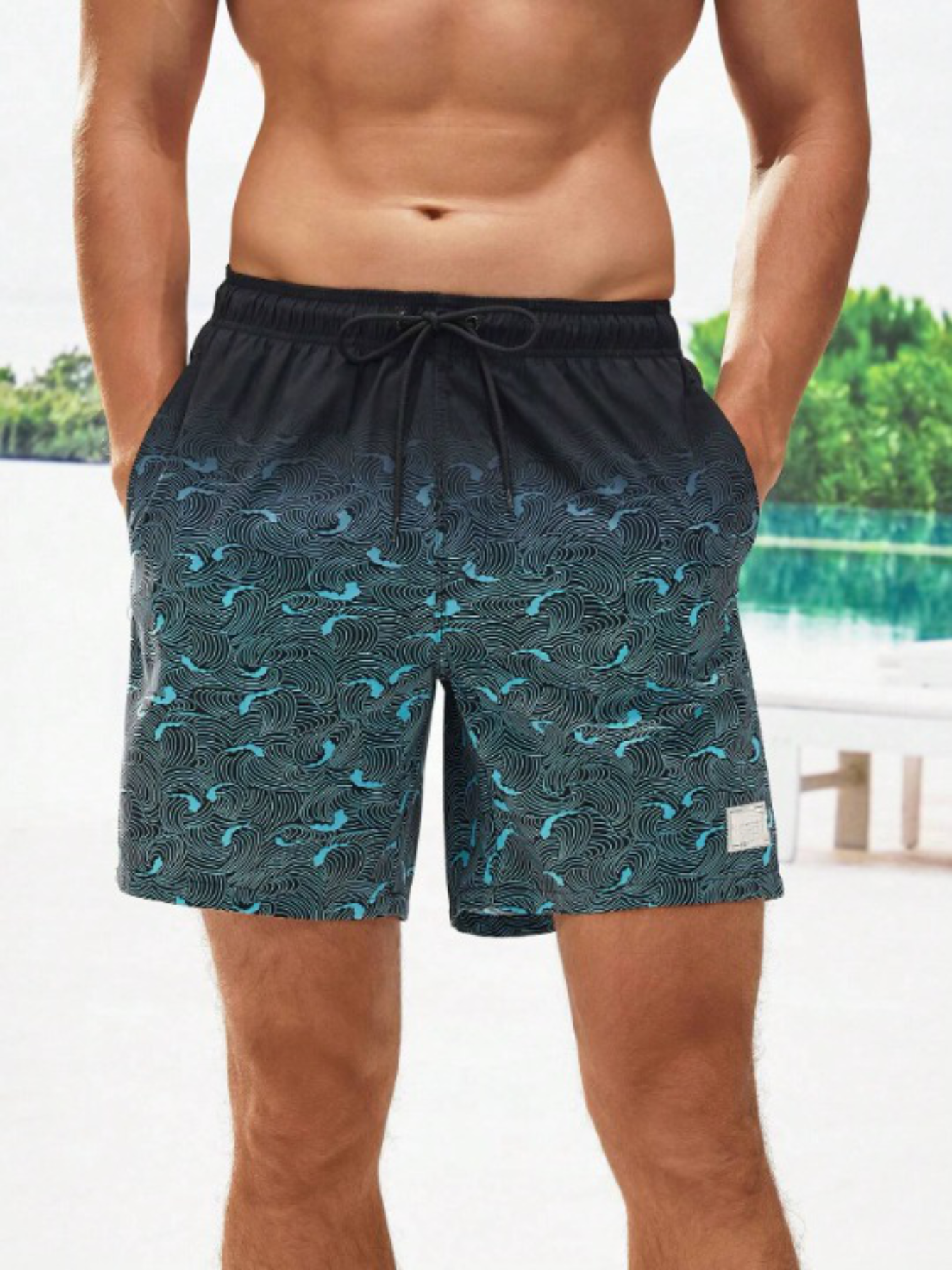 Patched Detail Drawstring Waist Swim Trunks-Waves And Trunks