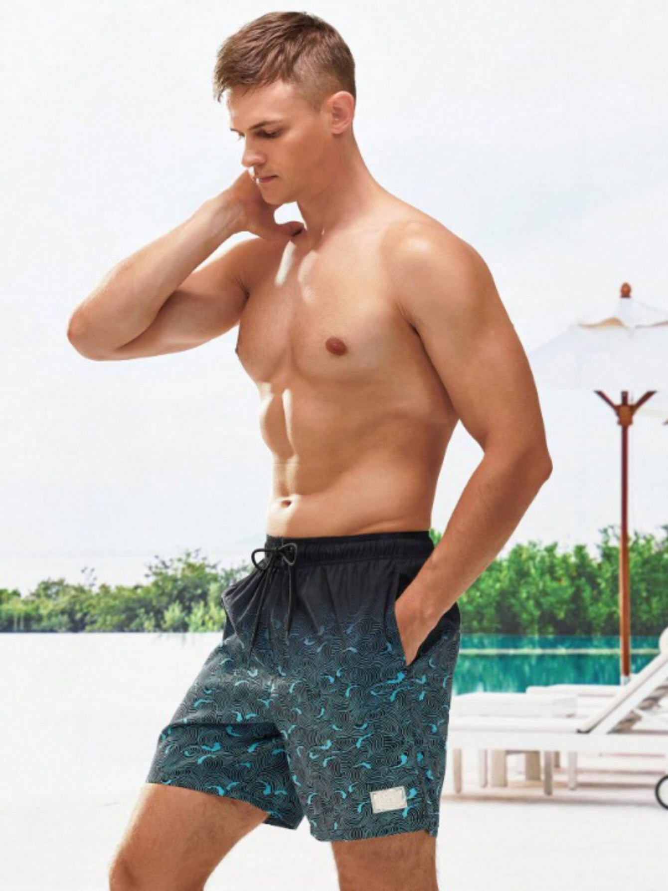 Patched Detail Drawstring Waist Swim Trunks-Waves And Trunks