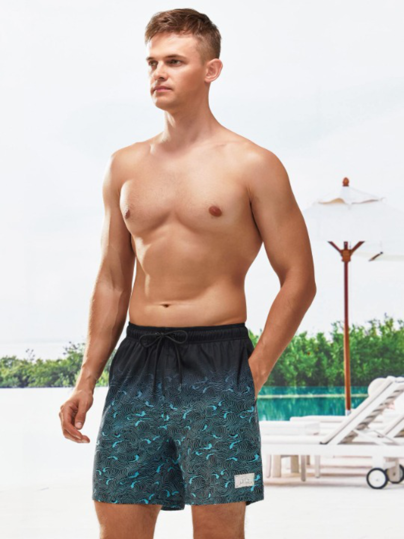 Patched Detail Drawstring Waist Swim Trunks-Waves And Trunks