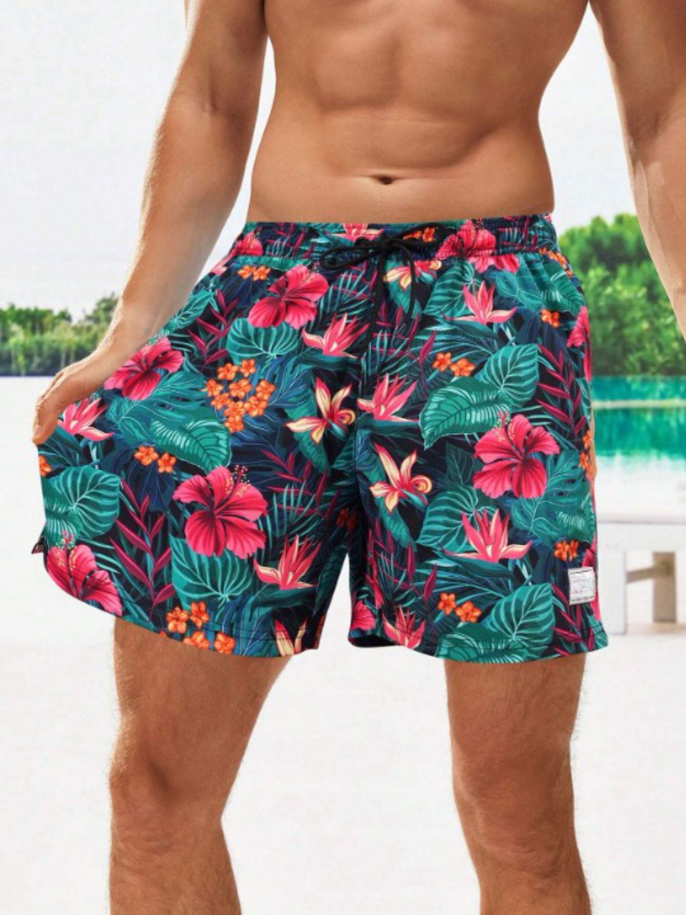 Tropical Print Drawstring Waist 2 In 1 Swim Trunks-Waves And Trunks