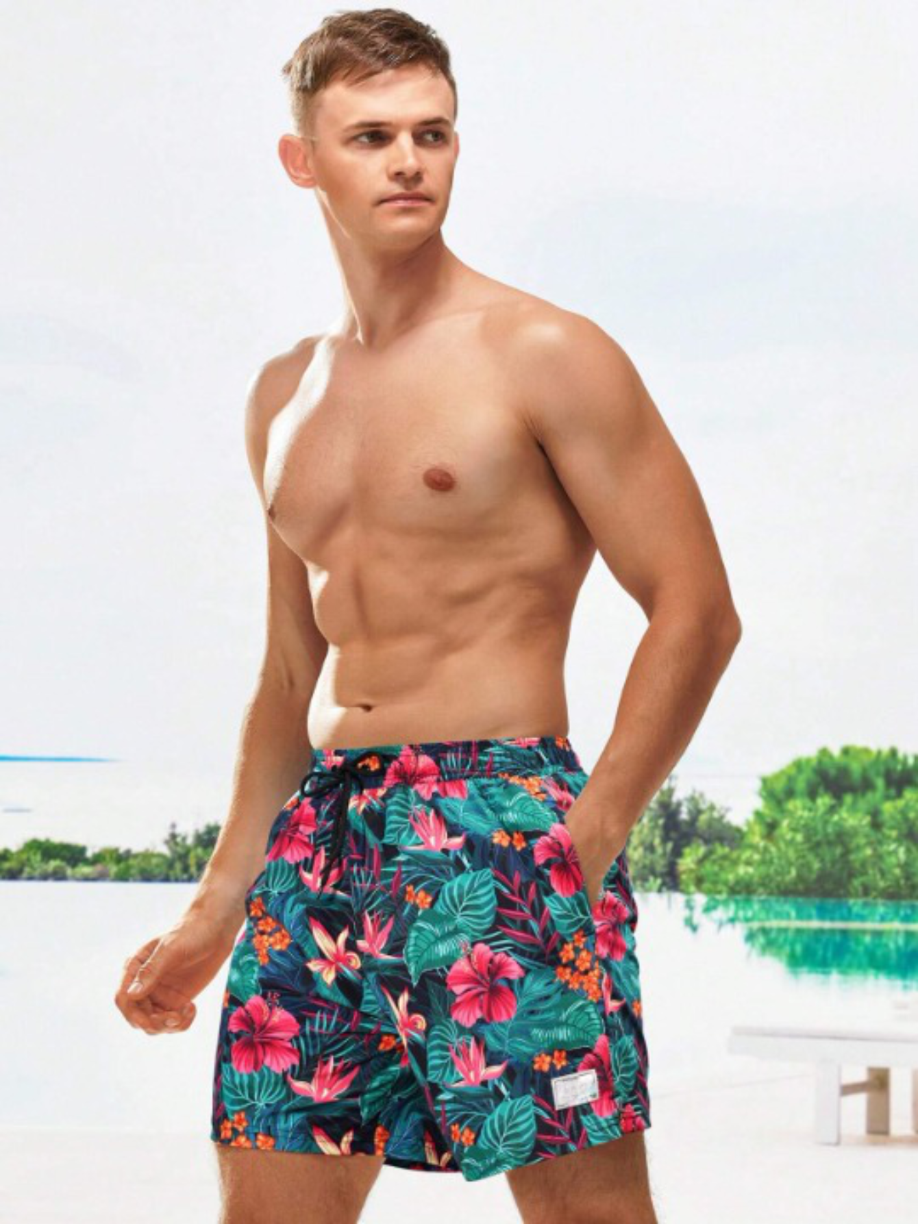 Tropical Print Drawstring Waist 2 In 1 Swim Trunks-Waves And Trunks