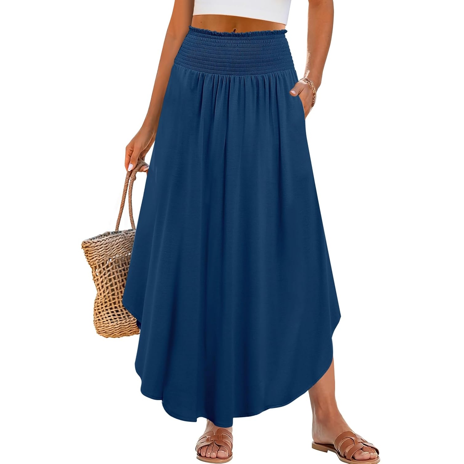 Summer Boho Floral Flowy Pleated Maxi Skirts With Pockets For Women