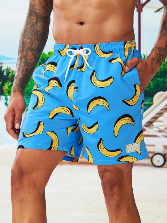 Banana Print Drawstring Waist Swim Trunks-Waves And Trunks