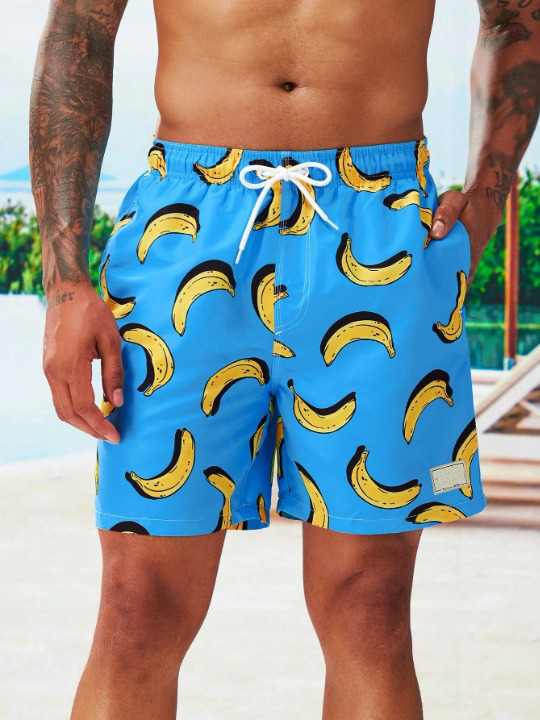 Banana Print Drawstring Waist Swim Trunks-Waves And Trunks
