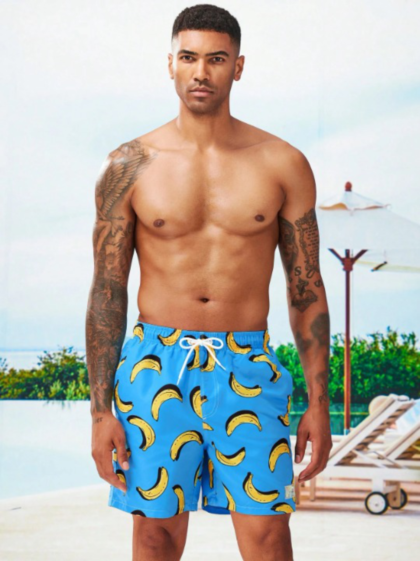 Banana Print Drawstring Waist Swim Trunks-Waves And Trunks