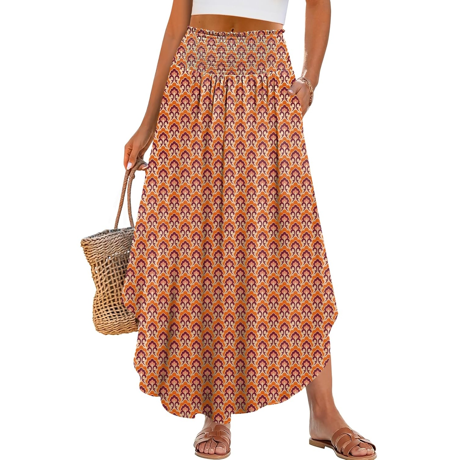 Summer Boho Floral Flowy Pleated Maxi Skirts With Pockets For Women