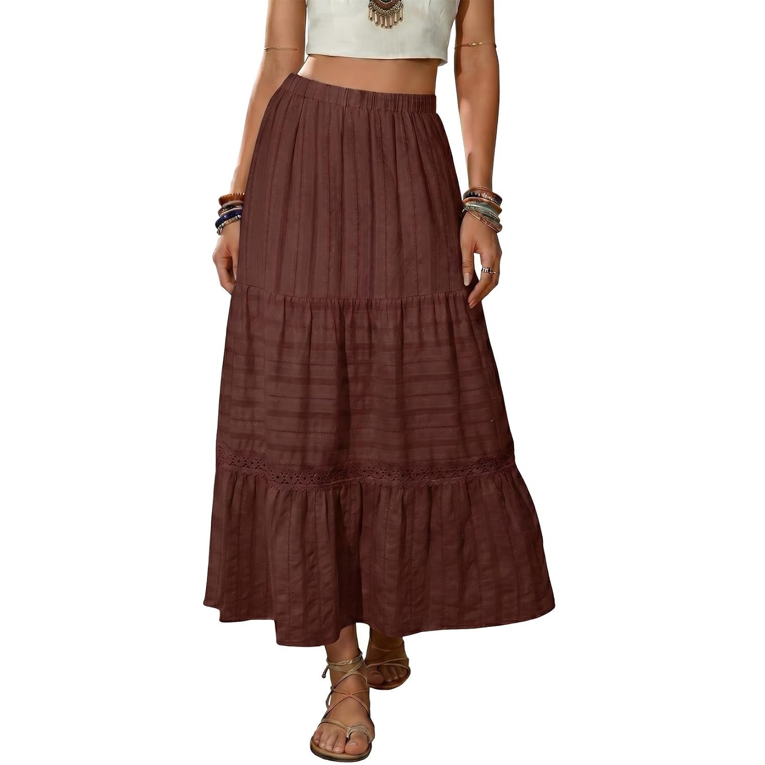 Boho Crochet Lace Tiered Cotton Maxi Skirt