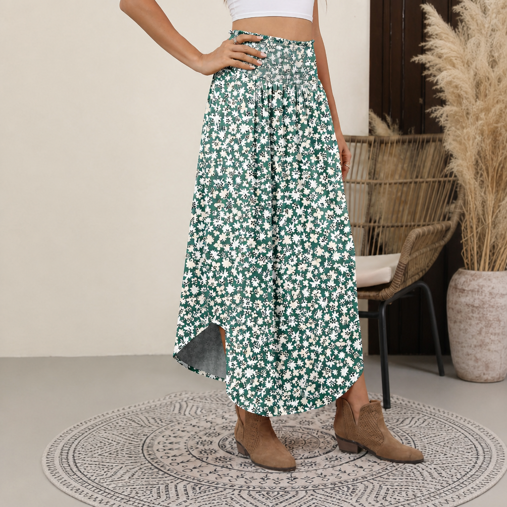 Summer Boho Floral Flowy Pleated Maxi Skirts With Pockets For Women