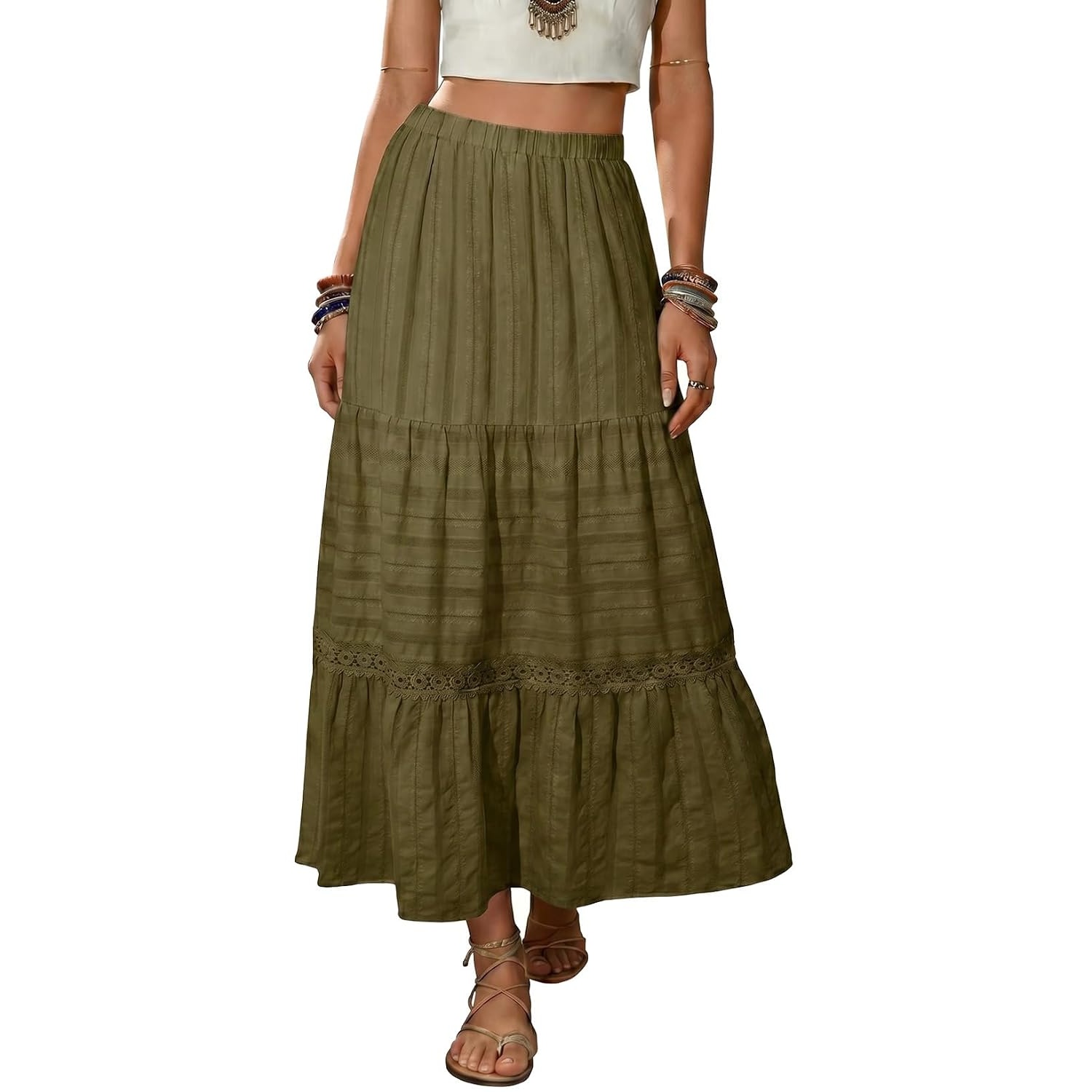 Boho Crochet Lace Tiered Cotton Maxi Skirt