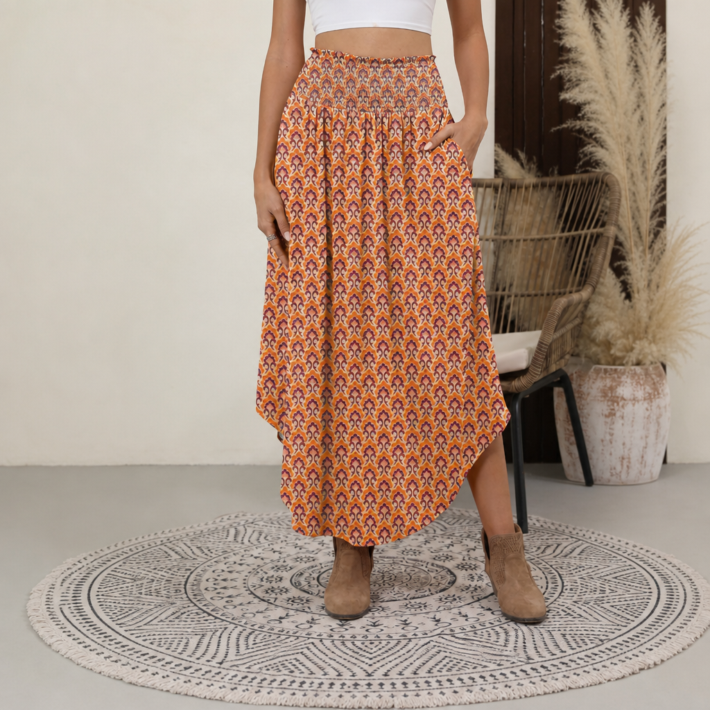 Summer Boho Floral Flowy Pleated Maxi Skirts With Pockets For Women