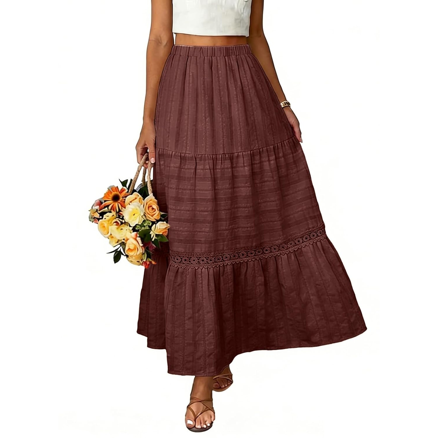 Boho Crochet Lace Tiered Cotton Maxi Skirt
