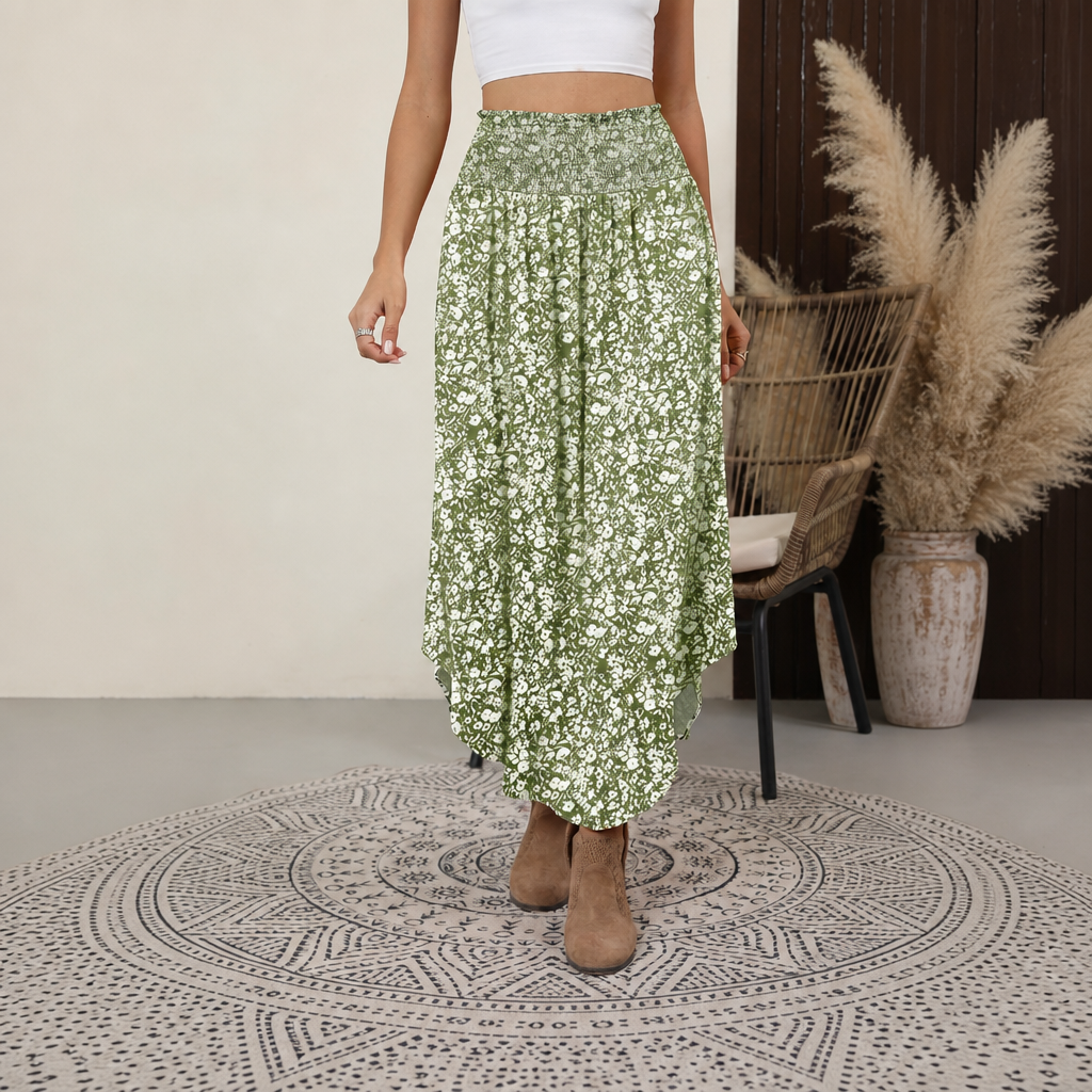 Summer Boho Floral Flowy Pleated Maxi Skirts With Pockets For Women