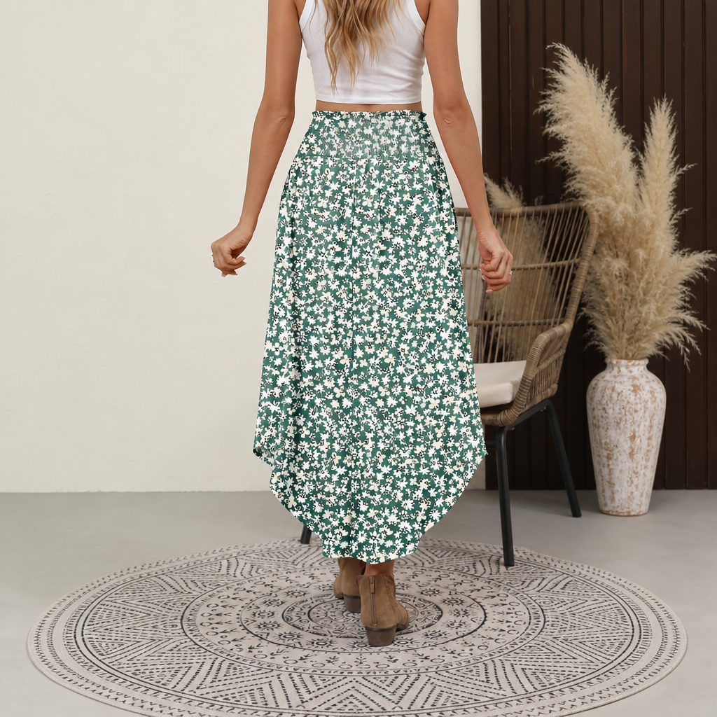 Summer Boho Floral Flowy Pleated Maxi Skirts With Pockets For Women