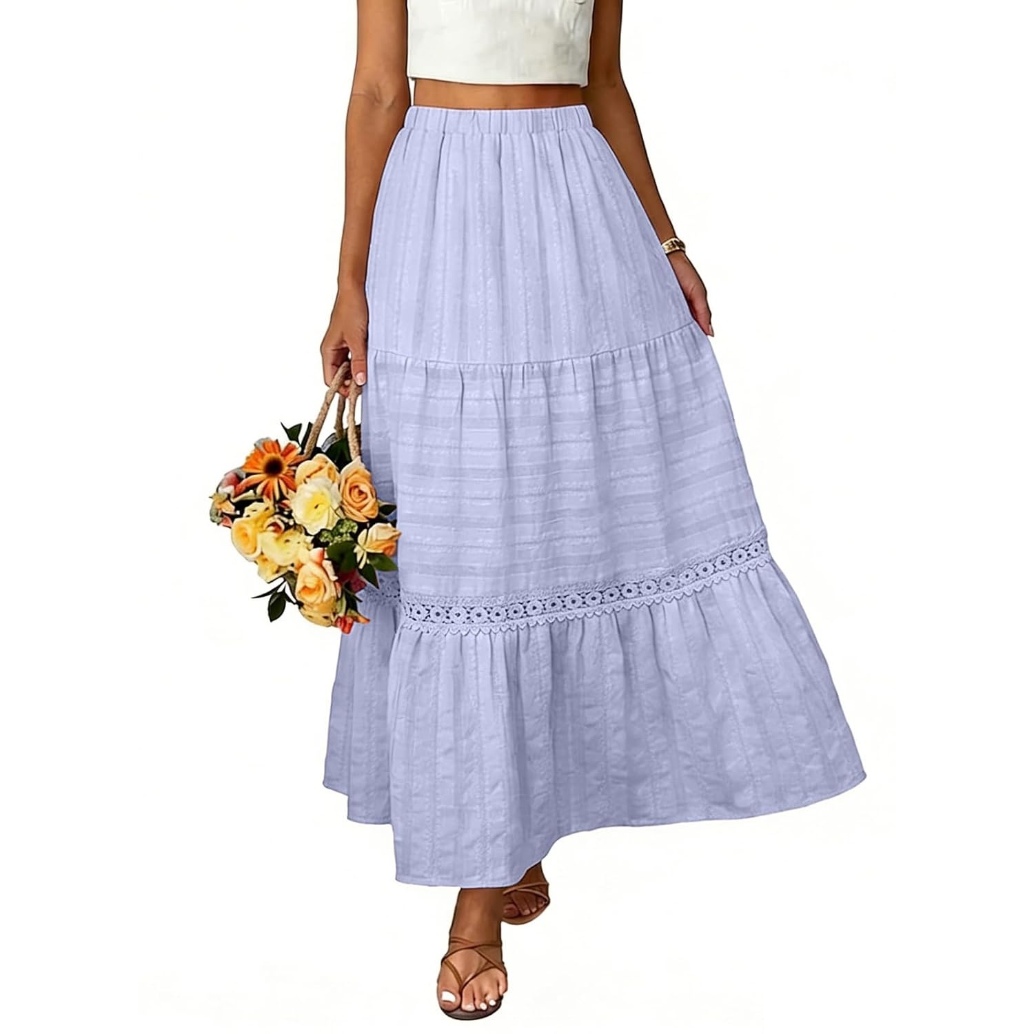 Boho Crochet Lace Tiered Cotton Maxi Skirt