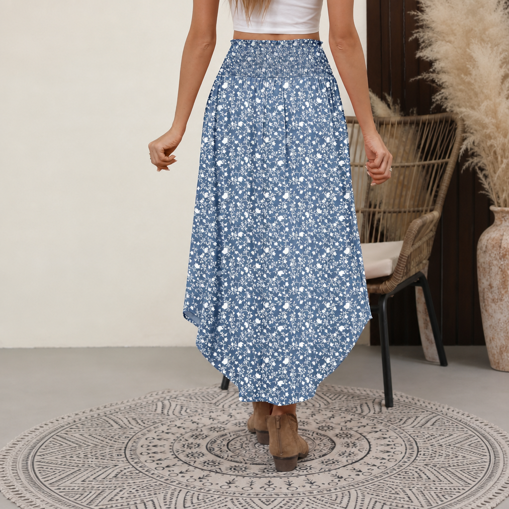 Summer Boho Floral Flowy Pleated Maxi Skirts With Pockets For Women