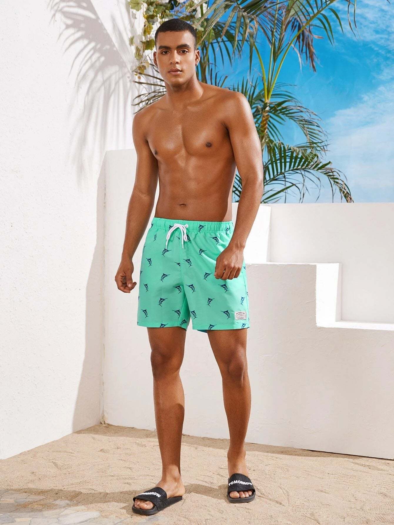 Fish Print Non Stretch Swim Trunks-Waves And Trunks