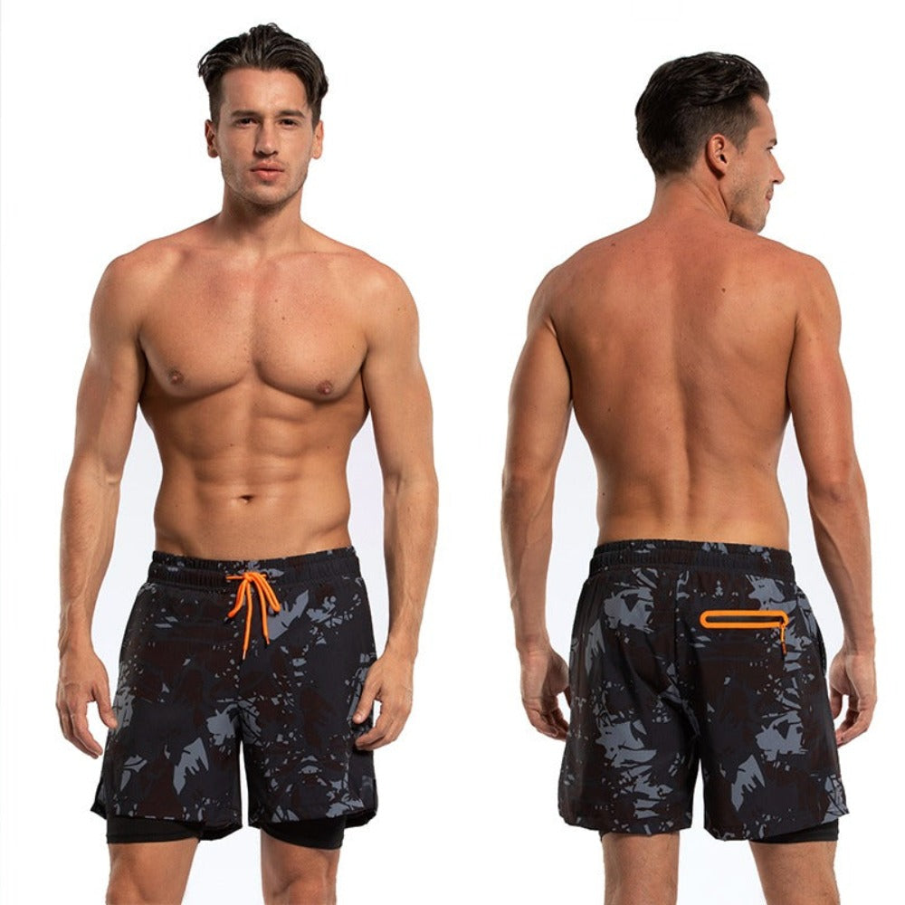 Men's 2 in 1 Quick-Dry Grey Camouflage Print Sports Shorts-Waves And Trunks