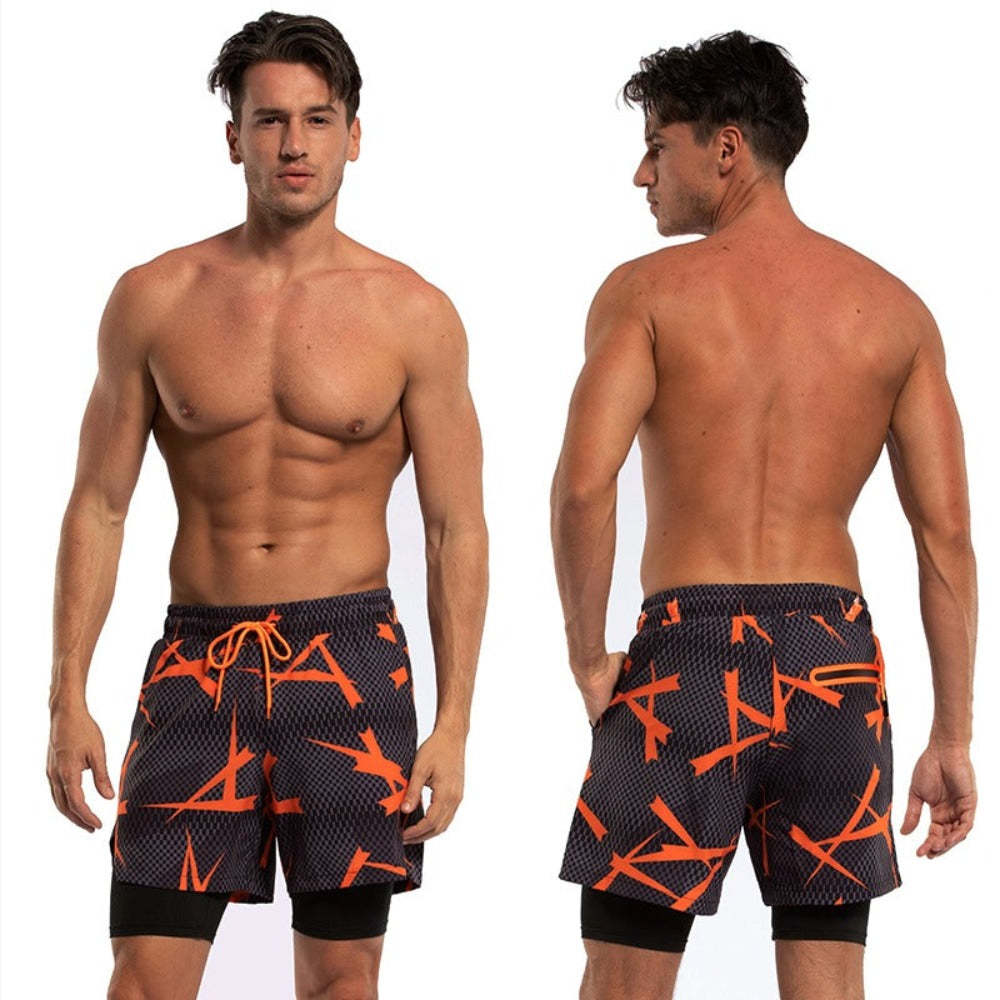 Men's 2 in 1 Quick-Dry Orange Geometric Print Sports Shorts-Waves And Trunks