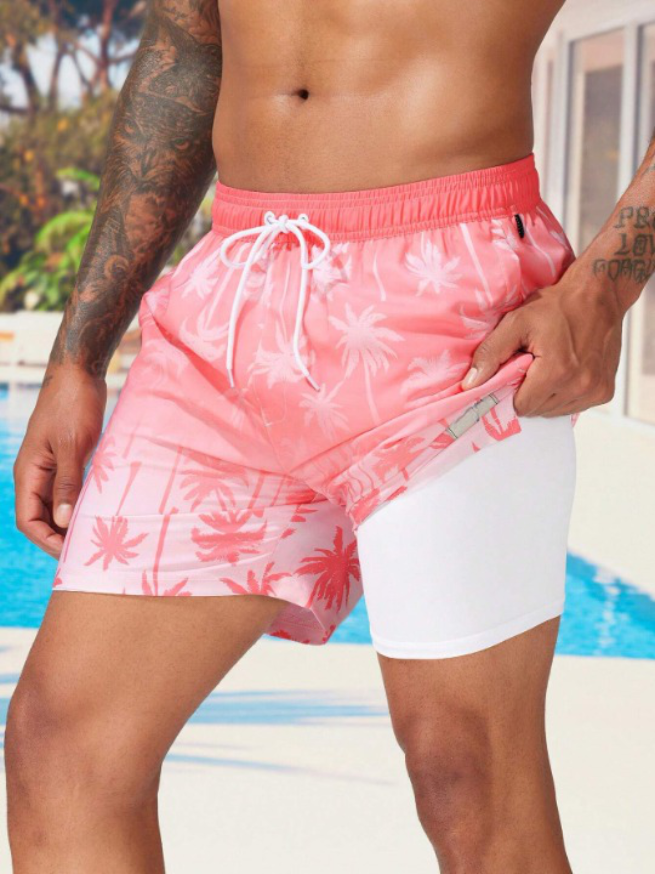 Tropical Print 2 In 1 Drawstring Waist Pocket Swim Trunks-Waves And Trunks