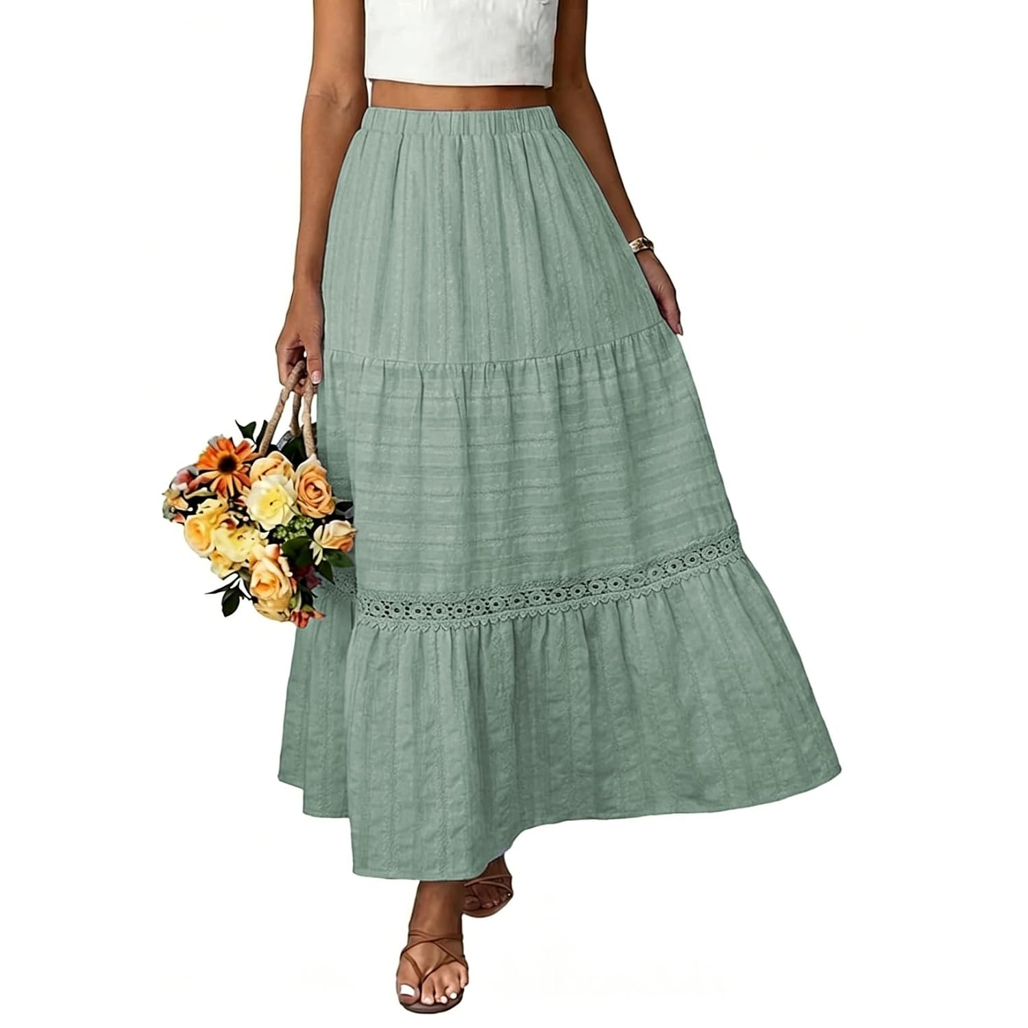 Boho Crochet Lace Tiered Cotton Maxi Skirt