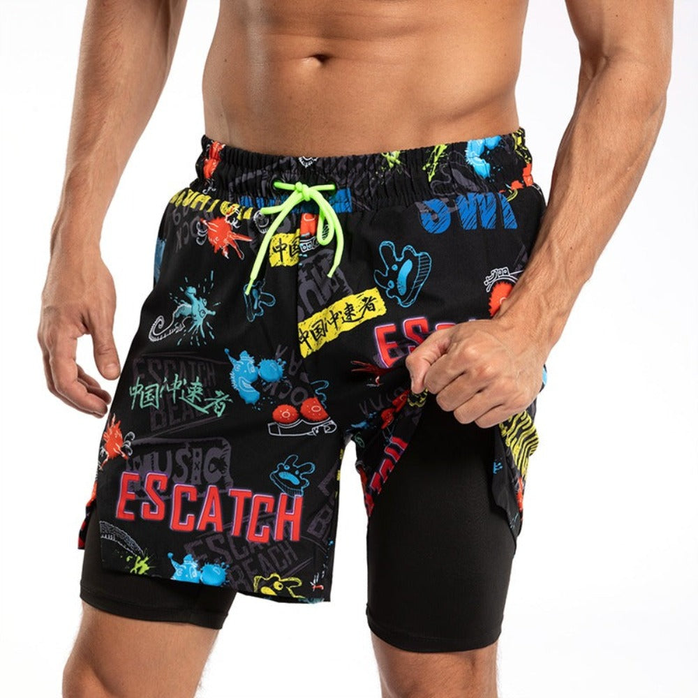 Men's 2 in 1 Quick-Dry Graffiti Print Sports Shorts-Waves And Trunks