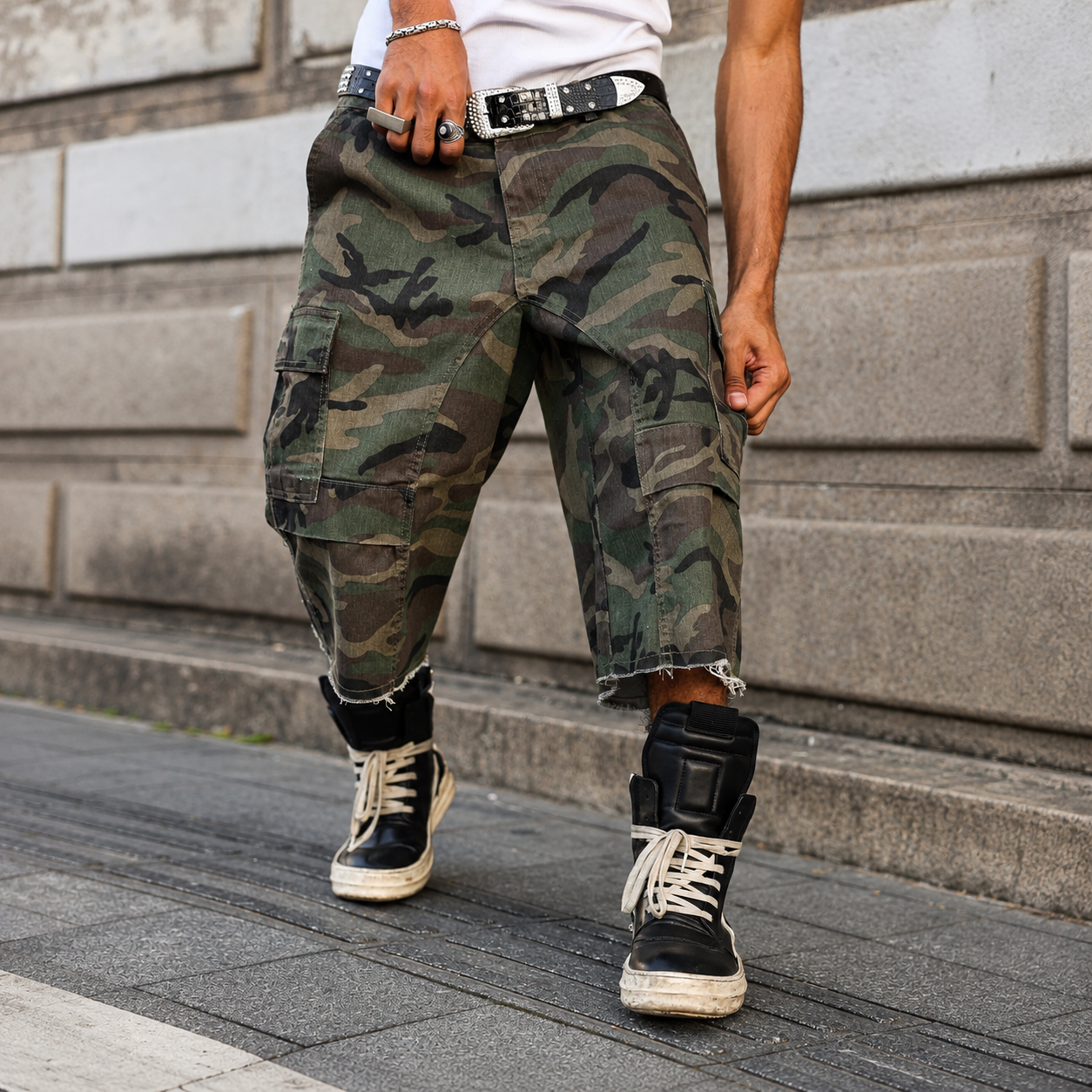 Camouflage Cargo Pocket Frayed Denim Shorts Jorts For Men