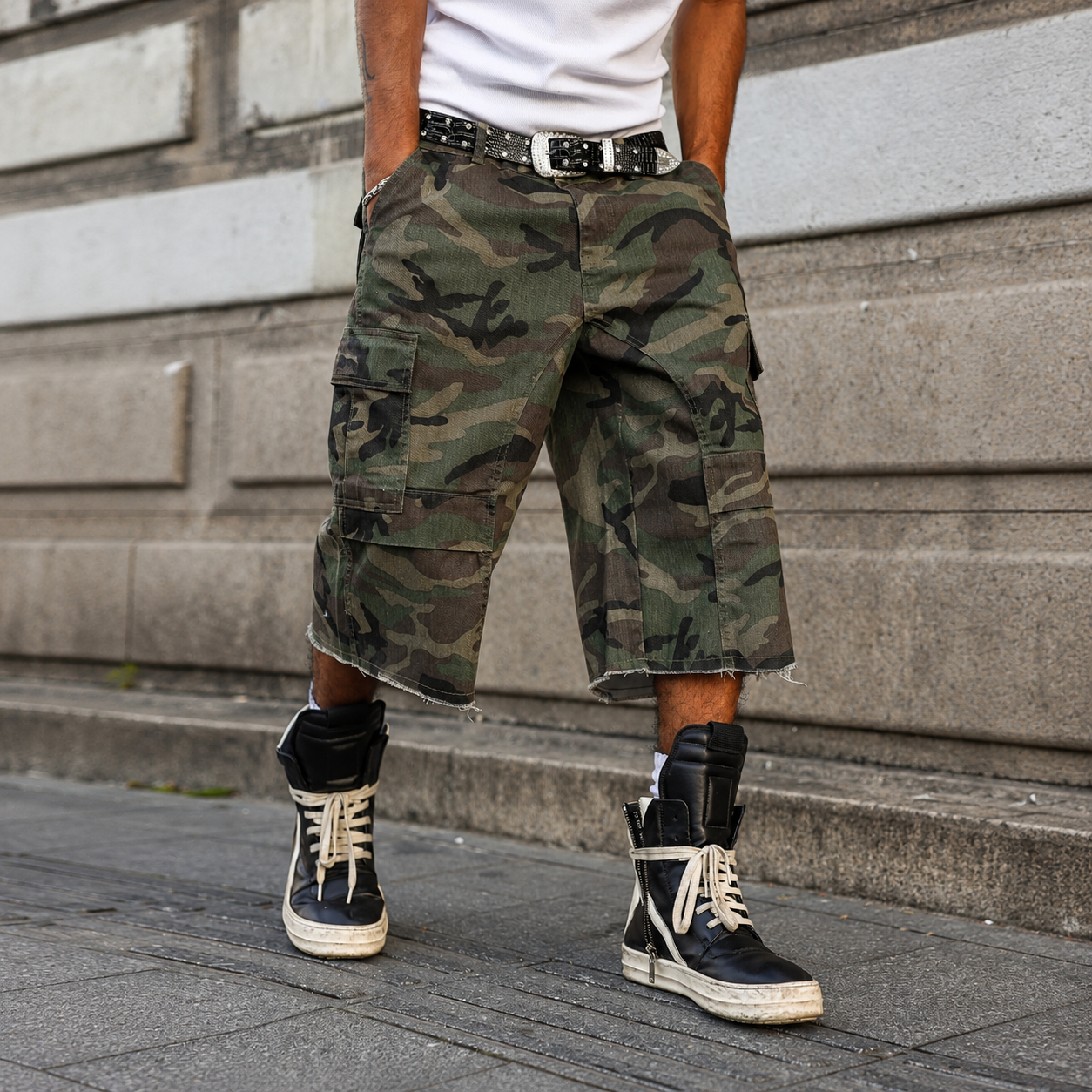 Camouflage Cargo Pocket Frayed Denim Shorts Jorts For Men