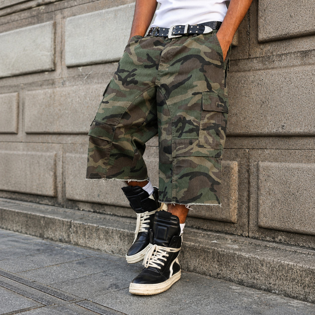 Camouflage Cargo Pocket Frayed Denim Shorts Jorts For Men