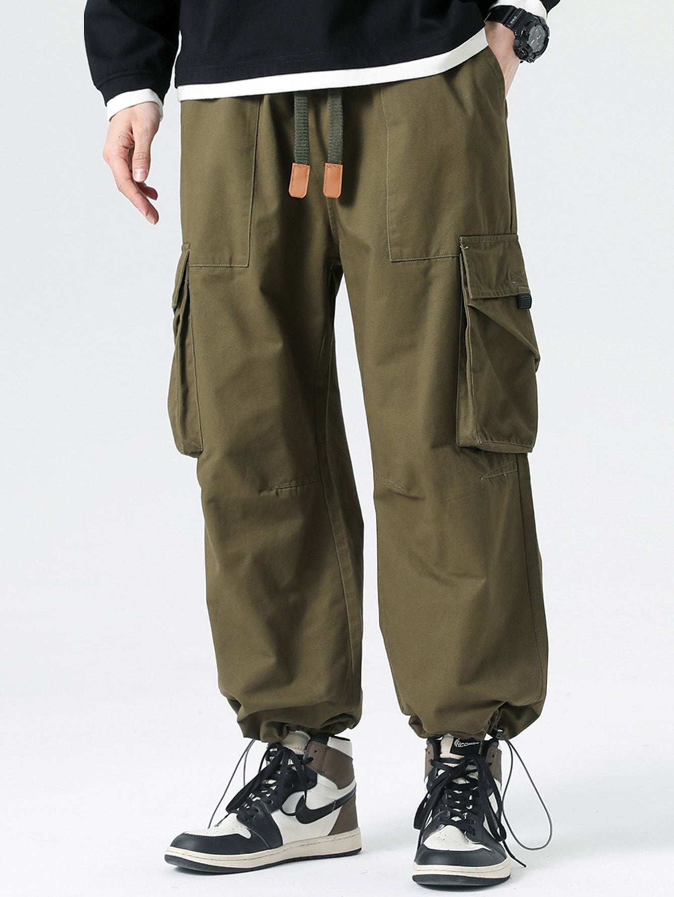 Drawstring Cuff Parachute Cargo Pants-Waves And Trunks
