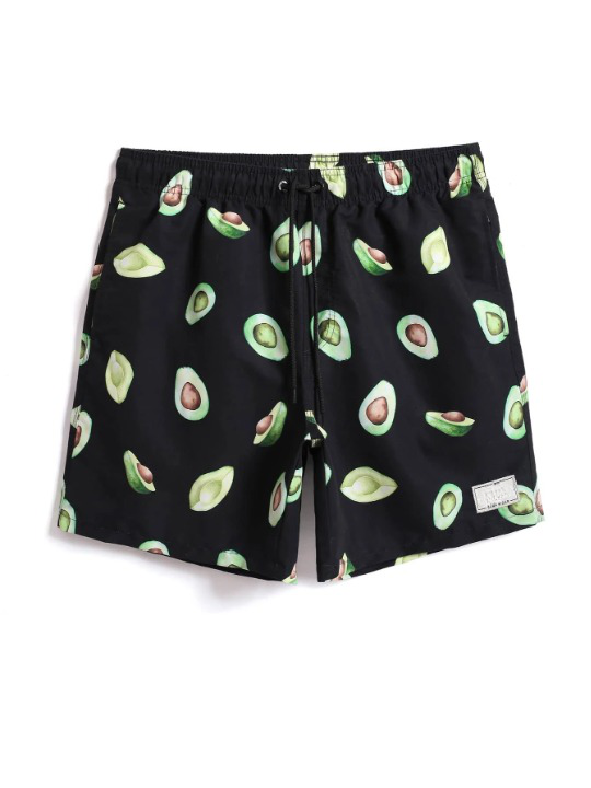 Fruit Print Drawstring Trunks With Letter Patch Detail-Waves And Trunks