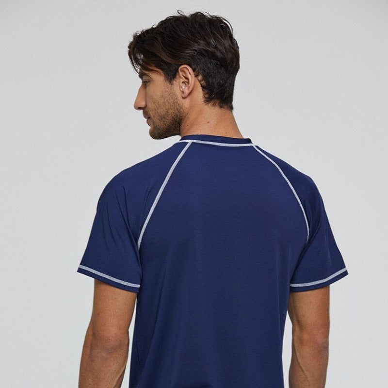 Men's Navy Short Sleeve Sports Quick-Dry T-Shirt-Waves And Trunks