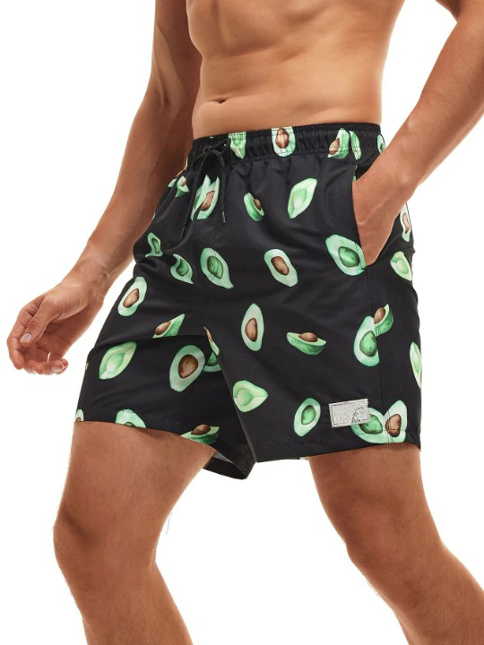 Fruit Print Drawstring Trunks With Letter Patch Detail-Waves And Trunks