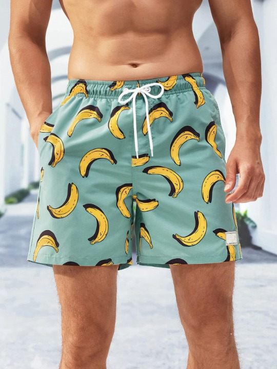 Banana Print Drawstring Waist Swim Trunks-Waves And Trunks