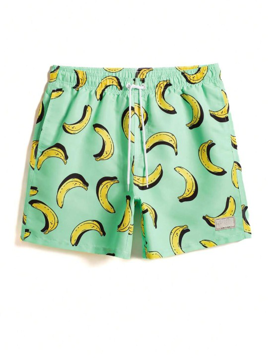 Banana Print Drawstring Waist Swim Trunks-Waves And Trunks