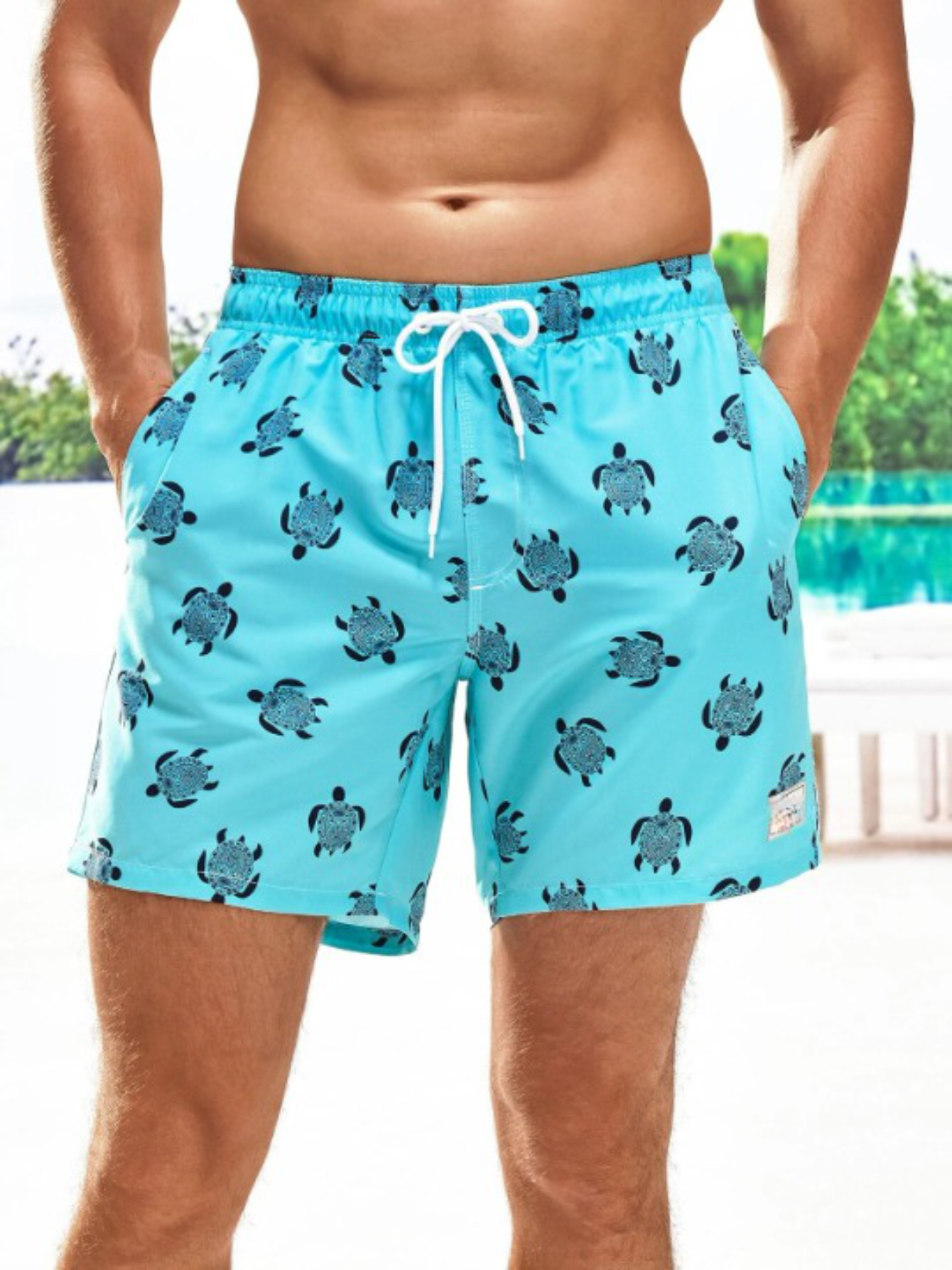Turtle Print Drawstring Waist Swim Trunks-Waves And Trunks
