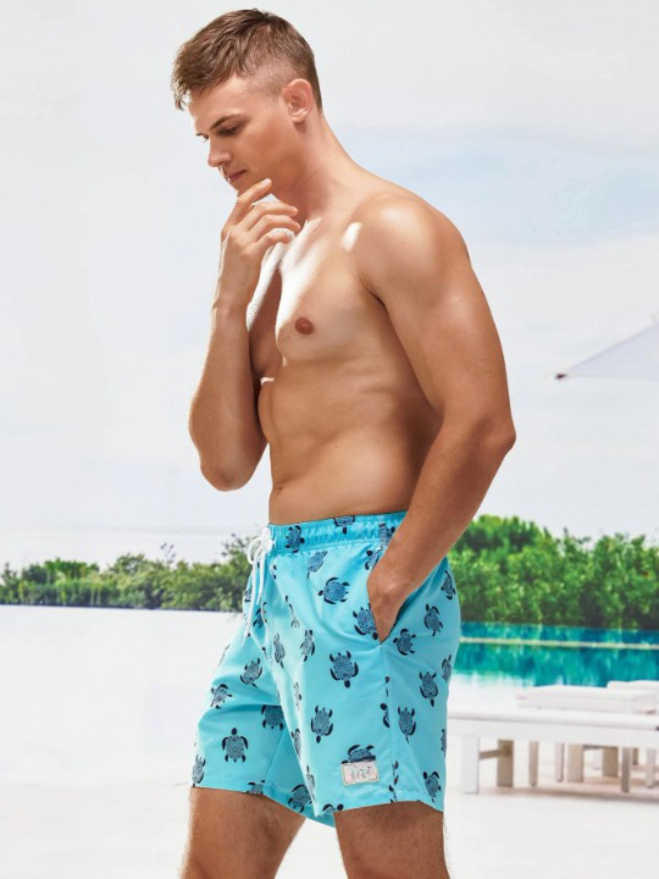 Turtle Print Drawstring Waist Swim Trunks-Waves And Trunks