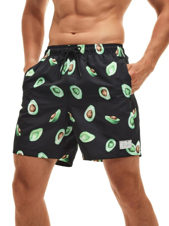 Fruit Print Drawstring Trunks With Letter Patch Detail-Waves And Trunks