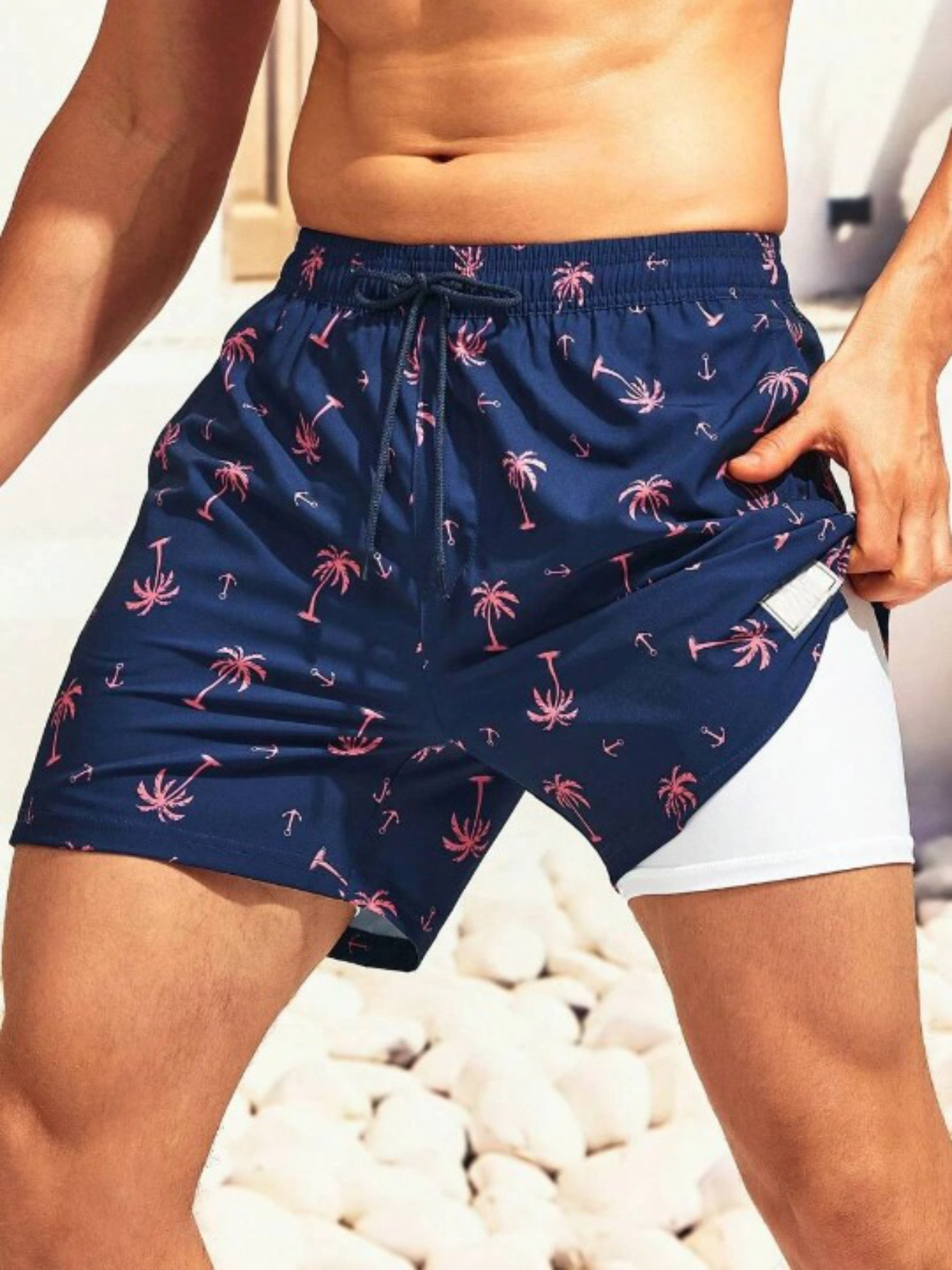 Coconut Tree Print Drawstring Waist 2 In 1 Shorts-Waves And Trunks