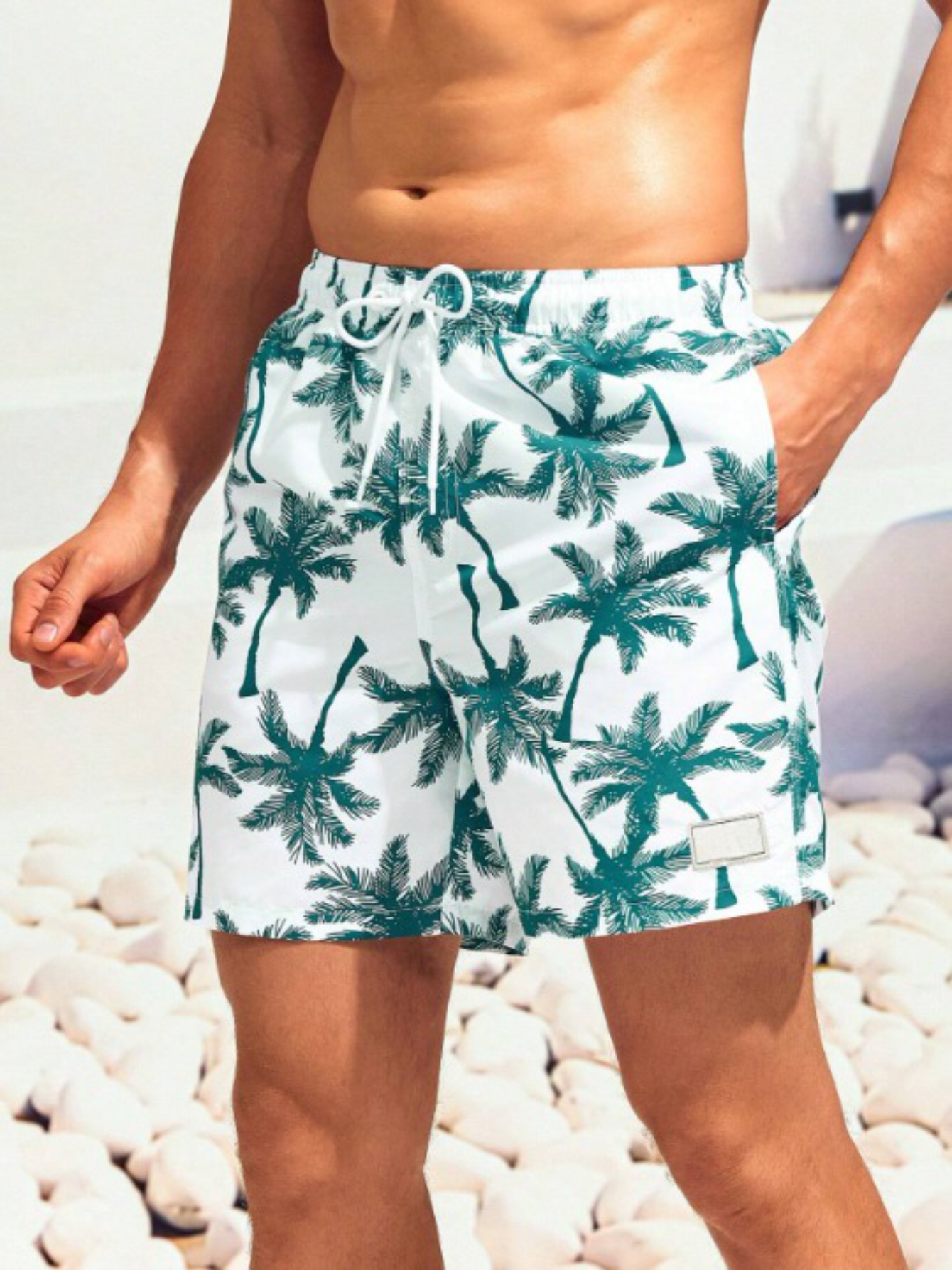 Coconut Tree Print Drawstring Waist Swim Trunks-Waves And Trunks