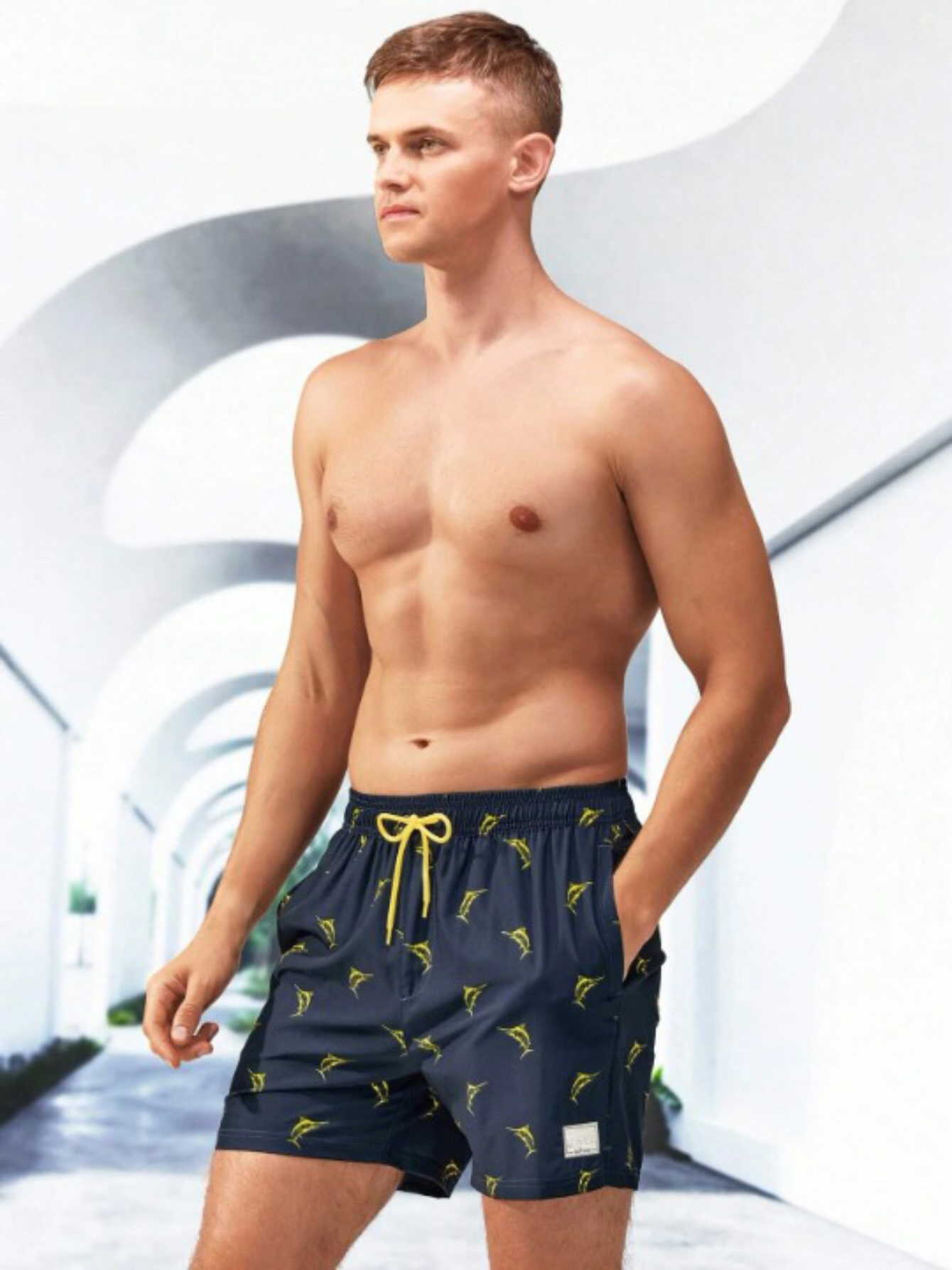 Print Drawstring Trunks With Compression Liner-Waves And Trunks