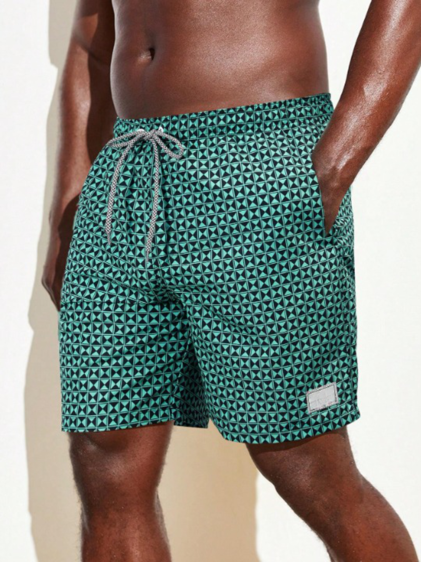 Geometric Graphic Letter Patched Swim Trunks-Waves And Trunks