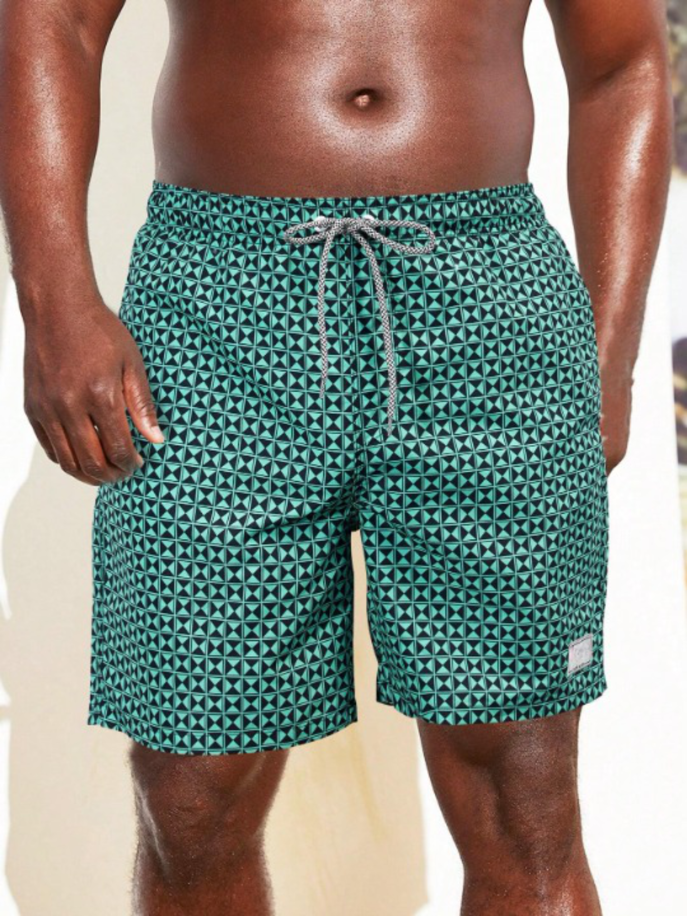 Geometric Graphic Letter Patched Swim Trunks-Waves And Trunks